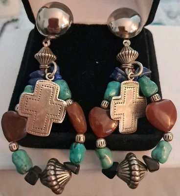 925 Silver Cross Earrings With  blue ,green, And Brown Heart Stone Western Style - Image 1 of 4
