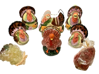 6pc Vintage Thanksgiving Turkey Tabletop Set Salt & Pepper Shakers Napkin Holder - Image 1 of 4