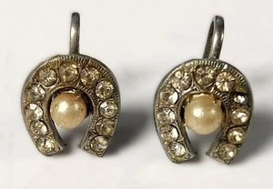 Vintage Rhinestone & Faux Pearl Horseshoe Earrings Screw Back - Picture 1 of 4