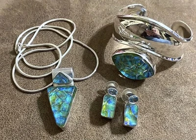 Conjunto exclusivo de brincos de prata 925 arte dicróica vidro pulseira topázio azul - Imagem 1 de 4