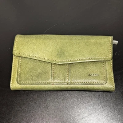 Cartera de cuero verde oliva fósil de colección forrada en tostado triple pliegue organizador de 2 piezas Foto 1 de 4