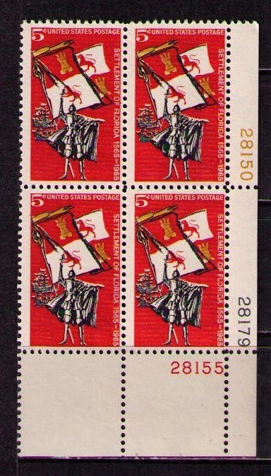 US USA Sc# 1271 MNH FVF PLATE # BLOCK Florida Royal Flag Spain Ship Explorer - Image 1 of 1