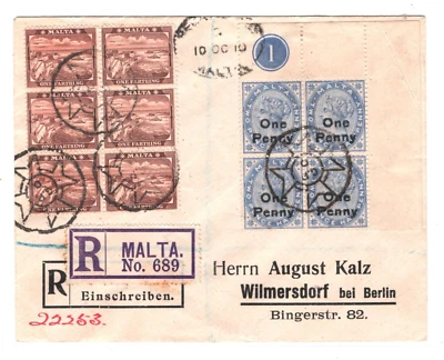 MALTA QV Cover *One Penny* PLATE BLOCK{4} SURCHARGES Germany 1910 MA1789 - Image 1 of 4