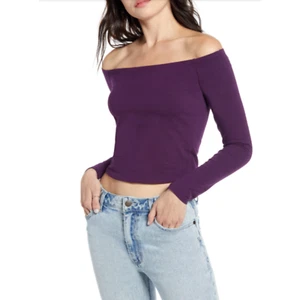 BP Off Shoulder Crop Top Damen XS Lila Tailliert Langarm Stretch Freizeit - Bild 1 von 5