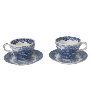 English Village Salem China Olde Staffordshire England 2 Tea Cups Saucers Blue - Picture 1 of 10