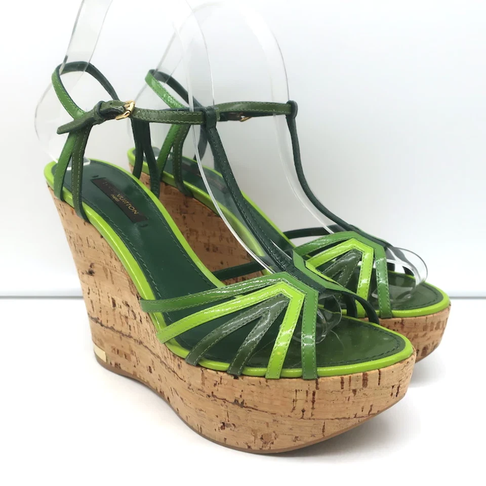Louis Vuitton Summertime Cork Wedge Sandals Green Patent Leather Size 37.5 - Image 1 of 4