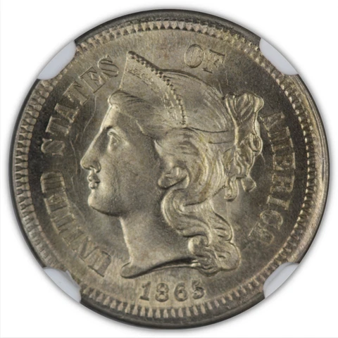 1865 3CN Three Cent Nickel NGC MS66 - Beautiful Coin With Nice Die Clashes Cover