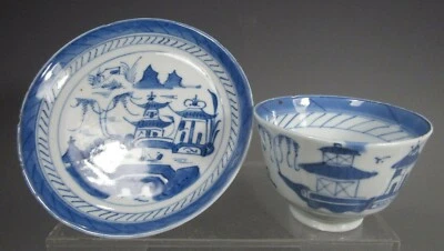 China Chinese Canton Blue & White Plate & Cup w/ Landscape Decor ca. 19th c.  - Image 1 of 4