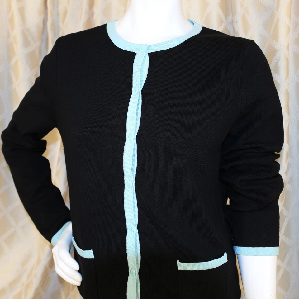 EVIE Black Turquoise Blue Trim Silk Blend Knit Women Cardigan Sweater Size L - Image 1 of 4
