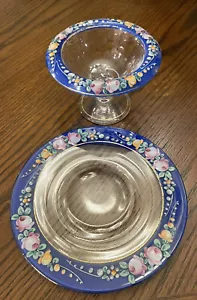 ✅Vtg 3D Embossed Raised Blue Floral Trim Clear Glass Dessert Bowl & Plate Set - Picture 1 of 12
