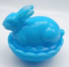 Vintage Easter Bunny Rabbit On Nest Basket Candy Dish Blue Opalescent Milk Glass