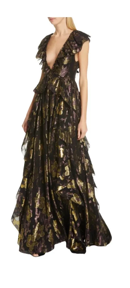 Ulla Johnson Demetria Gown Black Silk Metallic 12 Plunge Neckline Floral Ruffle - Image 1 of 4