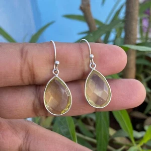 Lemon Quartz Faceted Pear Earrings 925 Sterling Silver Small Dangle Earring - Picture 1 of 7