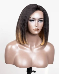 Bob 100% Human Hair 12I Yaki Curly Short Black To Blonde Wig 4x4 Lace Front Wigs - Picture 1 of 11