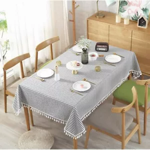 Rectangle Tablecloth Blue & White Striped 55" x 71" Cotton Linen Tassels New - Picture 1 of 3