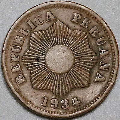 1934 Peru Un 1 Centavo VF Radiant Sun Coin (24101301R) - Image 1 of 2