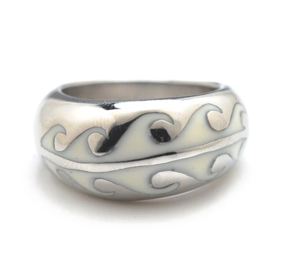 316L Stainless Steel White Enamel Cigar Band Wave Ring - Image 1 of 1