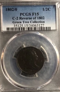 1802/0 HALF CENT PCGS F15 C-2 REVERSE OF 1802 EXTREMELY RARE IN A STRAIGHT GRADE - Picture 1 of 17