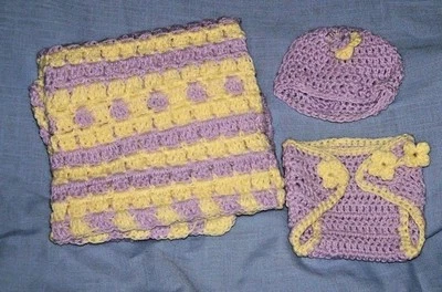 New Soft Preemie Baby Bassinet Blanket Hat Diaper cover set Handmade crocheted - Image 1 of 4