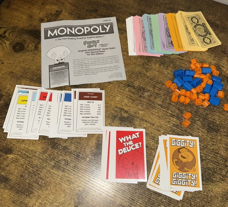 Family Guy Monopoly Juego de Mesa Repuesto Dinero, Cartas, Casas y Reglas Foto 1 de 1