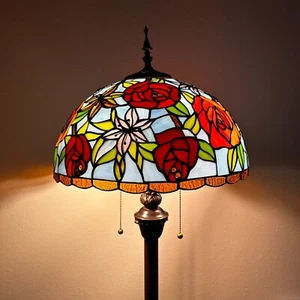 Tiffany Style Floor Lamp Blue Red Stained Glass Rose Flowers 16"W*16"D*64"H - Picture 1 of 7