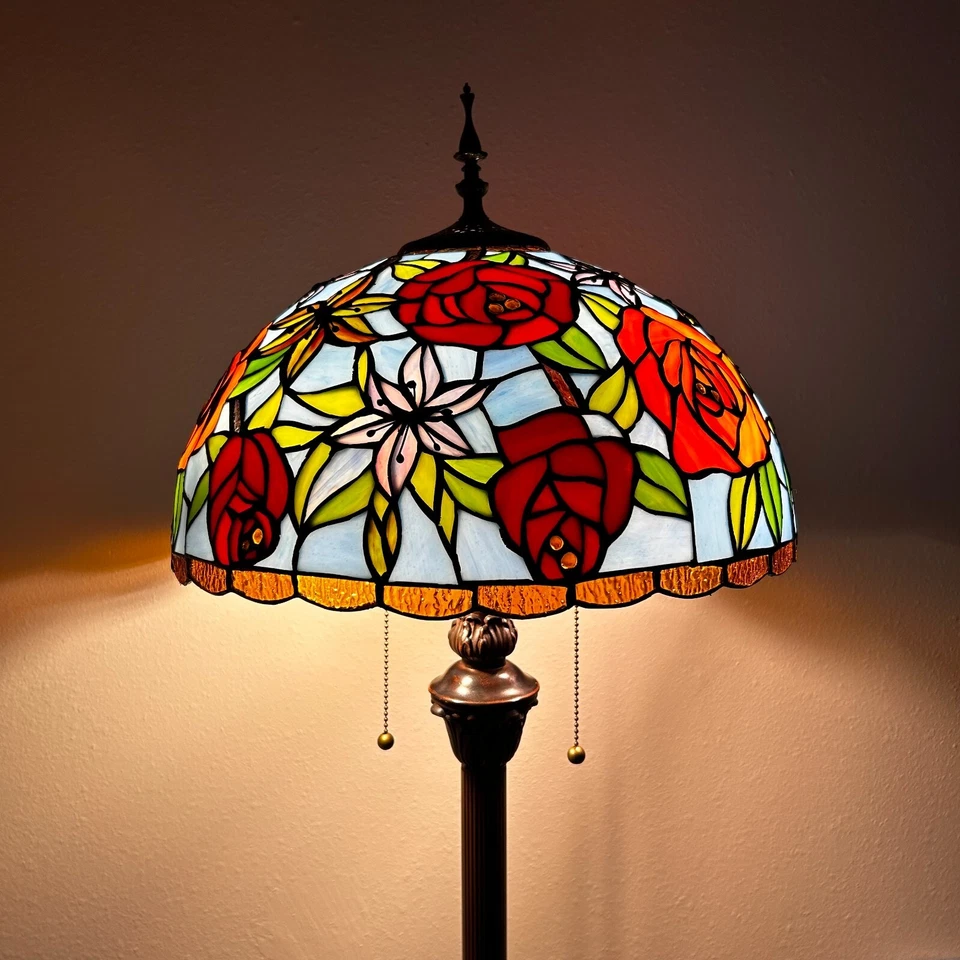 Tiffany Style Floor Lamp Blue Red Stained Glass Rose Flowers 16"W*16"D*64"H - Image 1 of 4