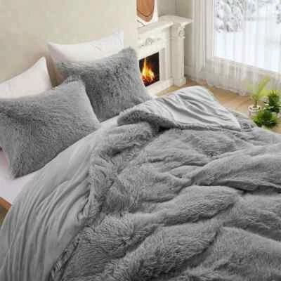 ¡NUEVO! ~ JUEGO DE EDREDÓN ULTRA FELPA SUAVE ACOGEDOR Y ESPONJOSO MODERNO GRIS CHIC PIEL PELUDA Foto 1 de 2