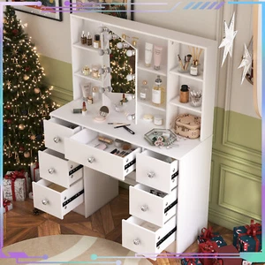 White Dresser Table with 10 LED Lighted Mirror & 7 Drawers Bedroom Dressing Desk - Picture 1 of 10