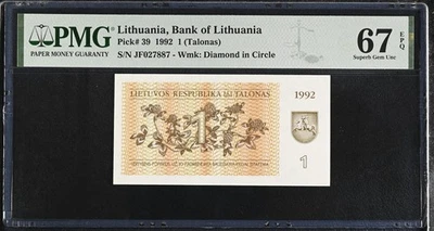 Lithuania 1 Talonu 1992 P 39 Superb Gem UNC PMG 67 EPQ - Image 1 of 3