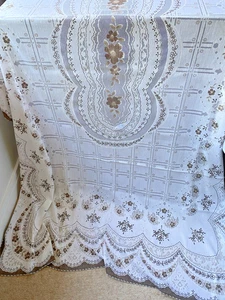 VINTAGE WHITE POLYESTER SPANISH LACE  LARGE TABLECLOTH~56" x 92"  BROWN FLORAL - Picture 1 of 3