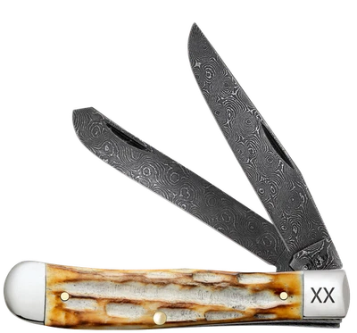 Case xx Knife Trapper Jigged Burnt Natural Bone 27230 Damascus Pocket Knives - Image 1 of 3