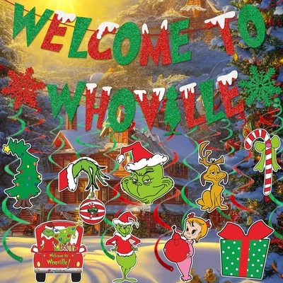 Banner Bienvenido a Whoville - Decoraciones de Navidad en Verde para Fiesta  Foto 1 de 3