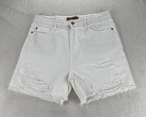 Pantaloncini jeans Judy blu bianco denim invecchiati orlo morso di squalo taglia 32x5 - Foto 1 di 12