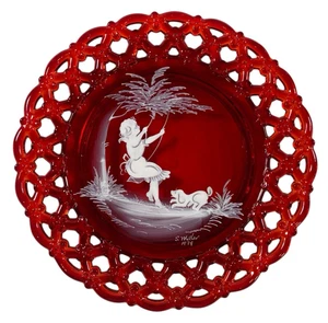 Westmoreland Glass Red Transparent Plate with Swinging Girl and Dog, 1979 - Picture 1 of 4