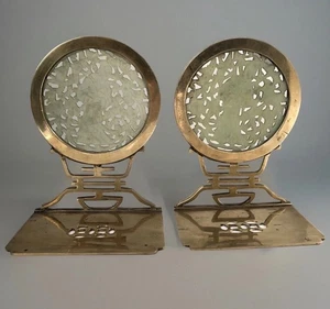 Vintage Pair Of Chinese Brass & Jade Bookends - Picture 1 of 10