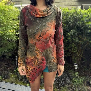 Y2K Vintage Concept Boho Hippie Tunic Top Long Sleeve Shirt Rainbow Animal Print - Picture 1 of 11