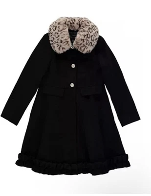 Rothschild Removable Faux Fur Leopard Collar and Ruffle Bottom Coat Black L (14) - Image 1 of 4