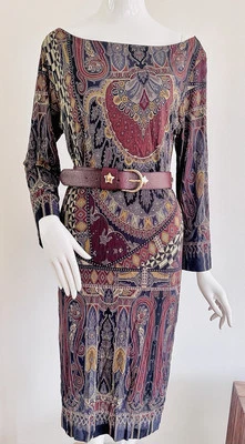 Vestido Etro Midi Estampado Paisley Negro Borgoña Floral Elastizado Jersey Talla IT44 M L Foto 1 de 4