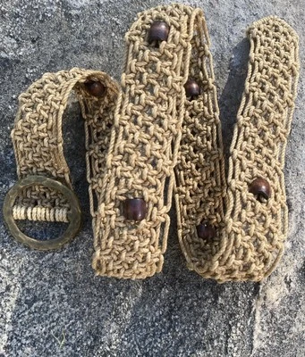 Vintage Handmade Macrame Beaded Boho Belt Tan With Brown Beads 34 - Image 1 of 4
