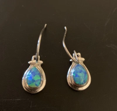 Brincos vintage de opala de fogo azul prata esterlina gota de lágrima pera pendurada - Imagem 1 de 4