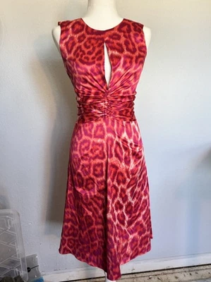 Vestido Just Cavalli Roberto Cavalli vermelho rosa estampa de leopardo Itália franzido sexy 42 - Imagem 1 de 4