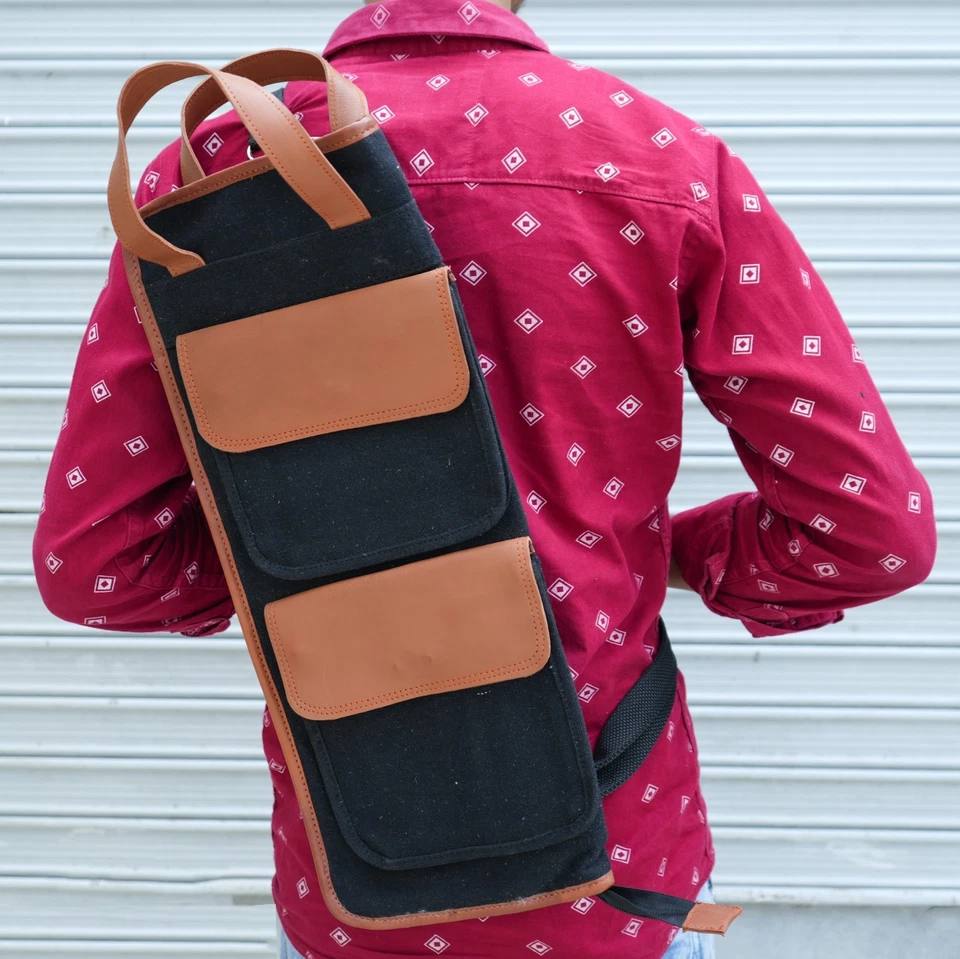 Bolsa de baquetas de lona y cuero estuche de baquetas soporte para baterista Foto 1 de 4