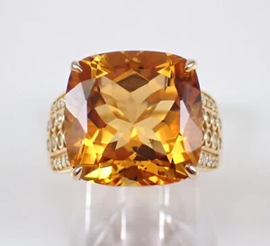 Großer Verlobungsring Cushion Cut Citrin und Diamant 14K Gelbgold Band - Bild 1 von 9