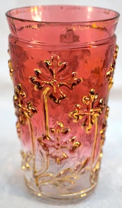 Antique Cranberry Glass Tumbler Raised Flowers Highlighted with Gold - Picture 1 of 8