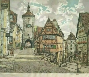 LISTED HANS FIGURA Sd ORIGINAL COLORED ETCHING AQUATINT on SILK GERMAN VILLAGE - Picture 1 of 10