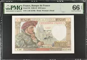 1940-42 France 50 FRANCS P93 BANKNOTE CURRENCY UNC PMG 67 - Picture 1 of 2