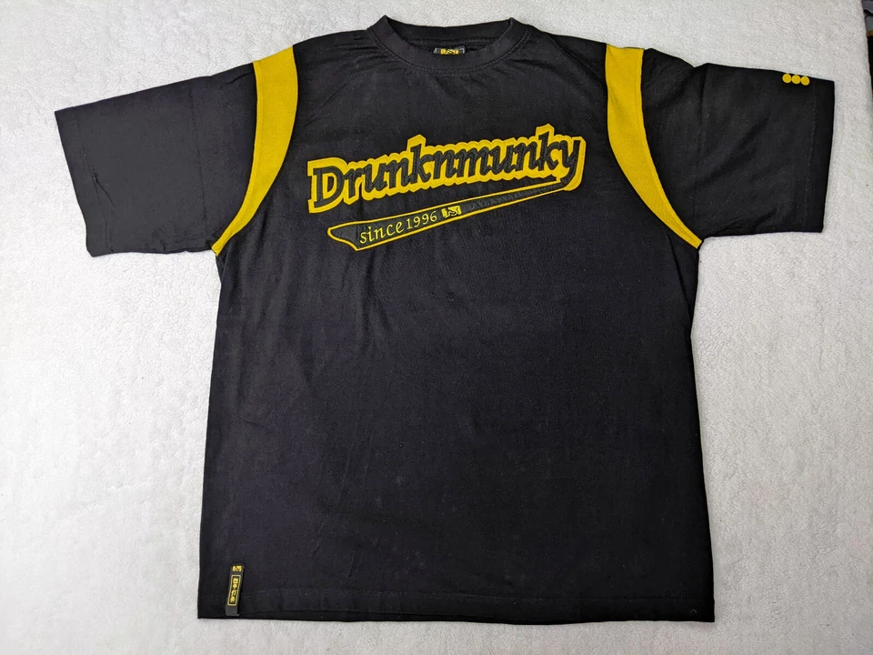 Drunknmunky Mens XL Black Yellow T Shirt Long Sleeve Crew Neck Spellout Logo - Image 1 of 4