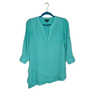 The Limited Teal Asymmetrical Layered Hem Roll Tab Sleeve Blouse XS Lightweight - Picture 1 of 15