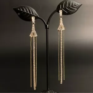 Stainless Steel Gold Tone Cubic Zirconia Tassel Dangle Drop Earrings - Picture 1 of 4