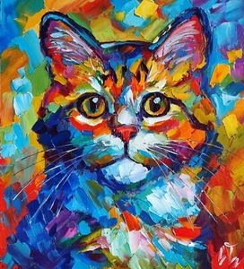 original oil painting Cat colorful portrait artwork Pet animals wall art 8*7 in - Picture 1 of 10